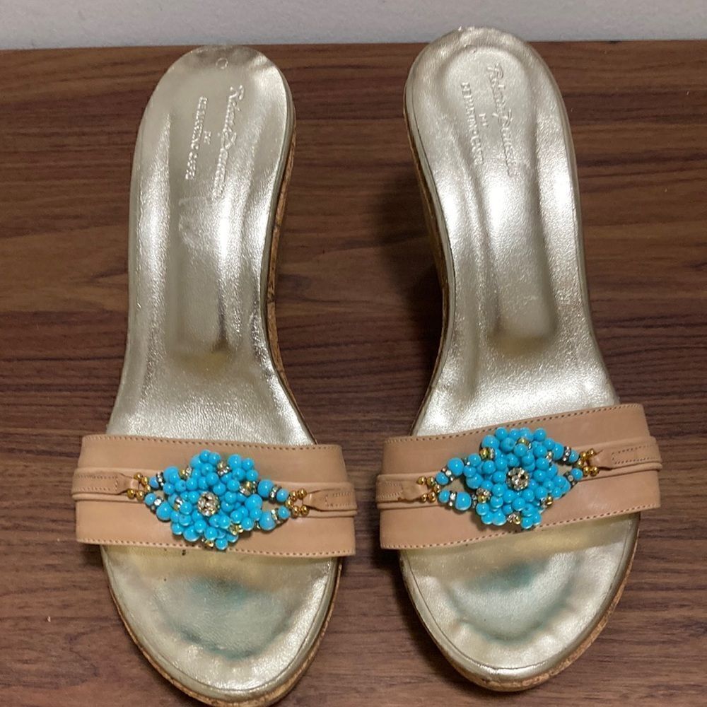 De Martino Capri Cork Wedge Leather Sandal with Turquoise & Gold Beads. Size 8.